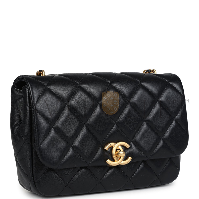 CHANEL MASTER  MINI PEARLY CHAIN FLAP BAG BLACK LAMBSKIN BRUSHED GOLD HARDWARE  (20*15*5cm)